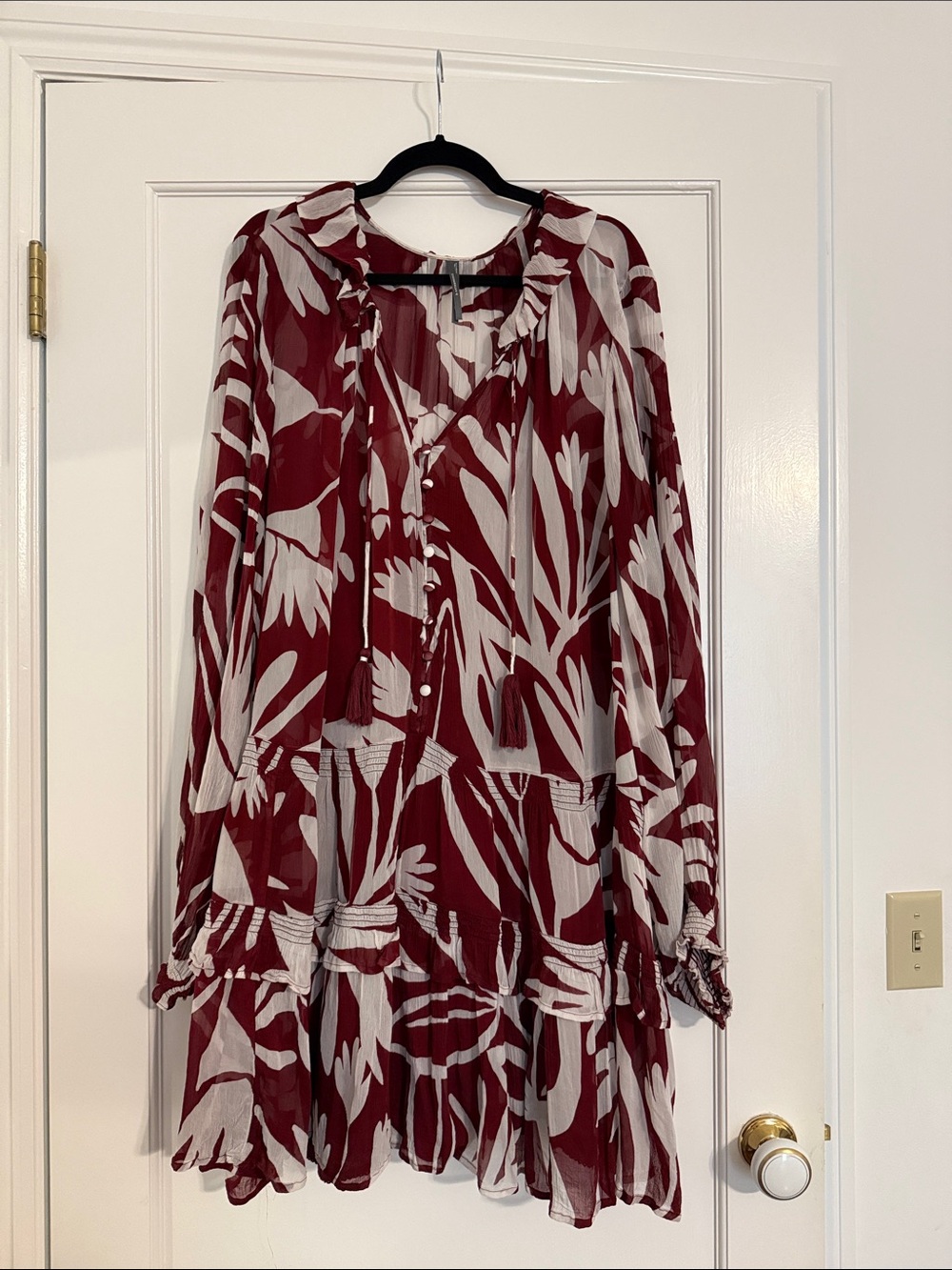 Anthropologie Burgundy and White Floral Tiered Long-Sleeve Dress